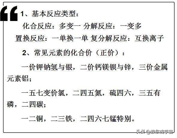 九年级人教版化学公式背诵口诀,纯干货最全中考化学必考知识点