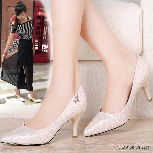 高跟单鞋白色真皮不累脚的高跟鞋,女士时尚尖头高跟鞋单鞋