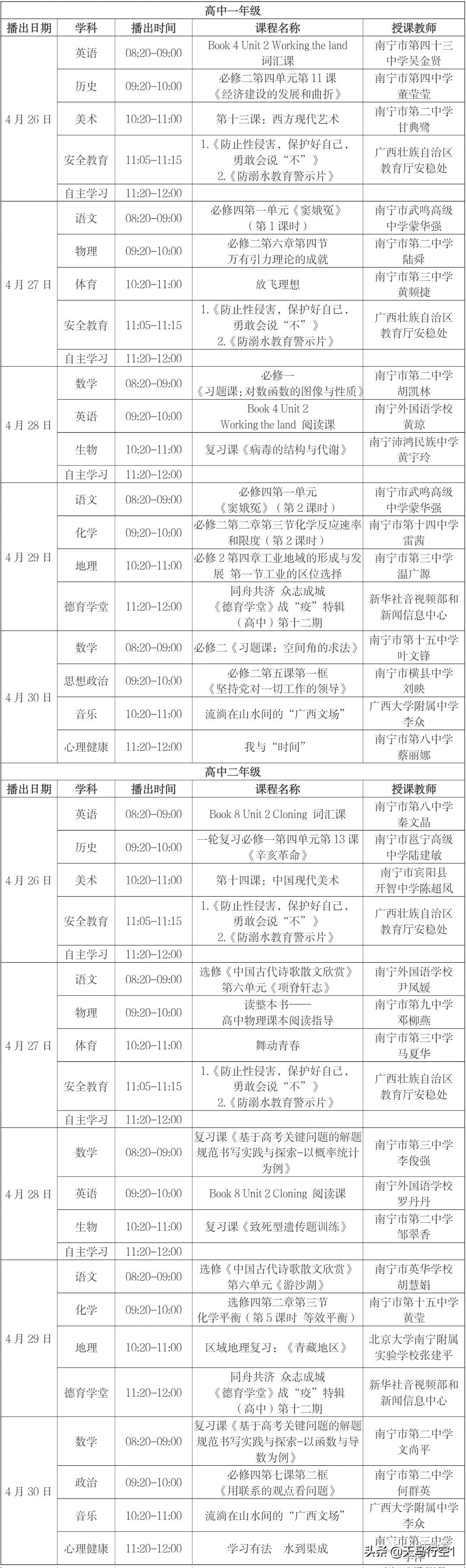 最新广西中小学“空中课堂”课表（4.26—4.30）