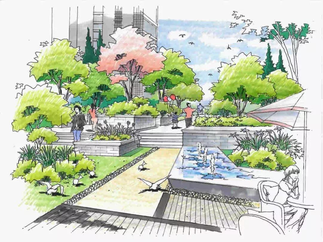 手绘效果图设计详解,干货五幅景观手绘效果图步骤图解