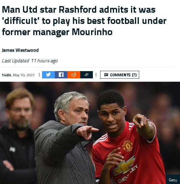 拉什福德：穆里尼奥战术太死板他在曼联时我很难踢出最好的足球