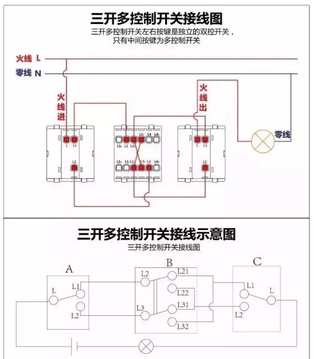 四条线单控开关接线图,单开三控开关的接线方法线路图