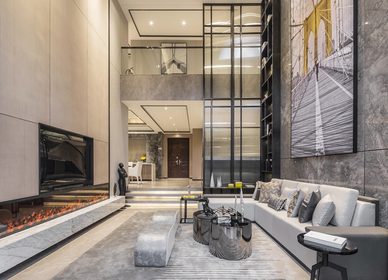 轻奢新中式挑空客厅效果图,挑空客厅极简设计案例