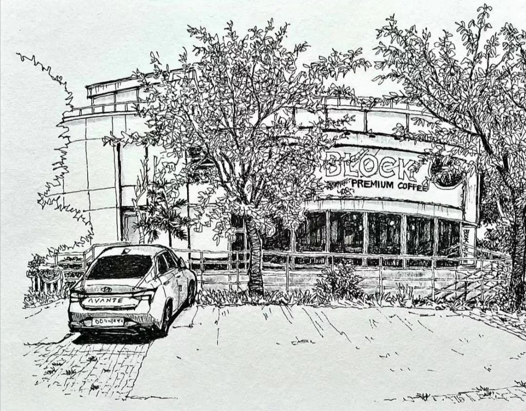 日本画家创作的铅笔街景速写,韩国速写大师