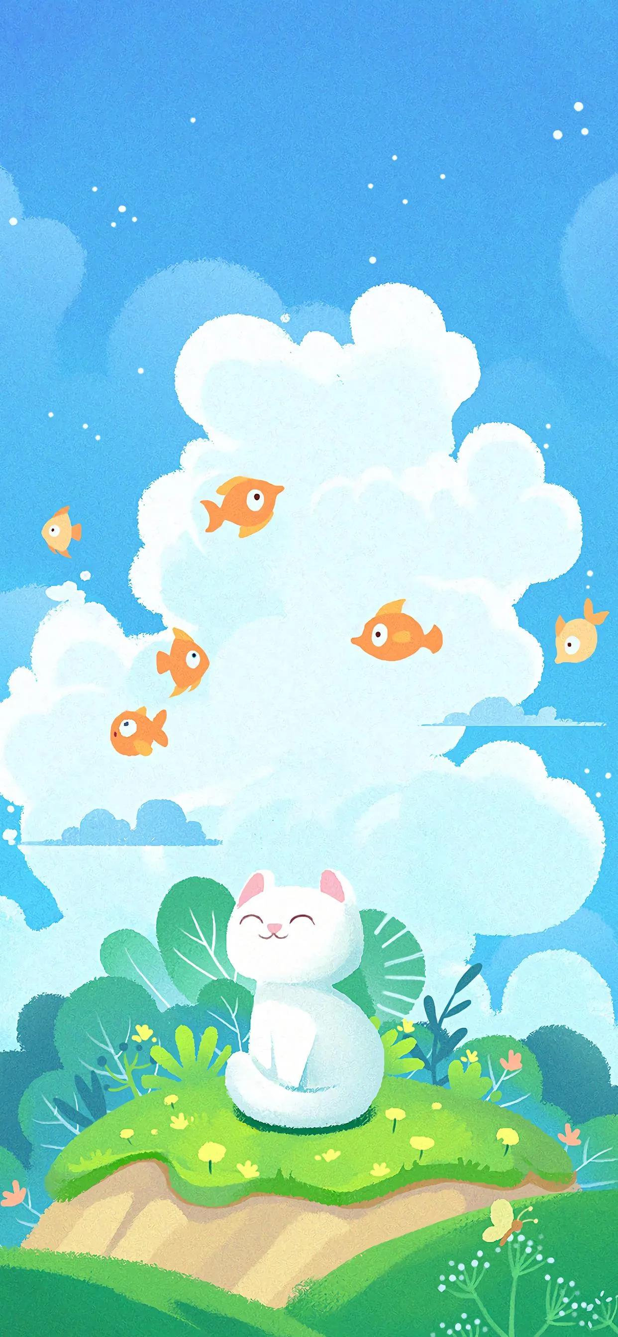 萌图100张可爱壁纸,春日海边小镇壁纸插画