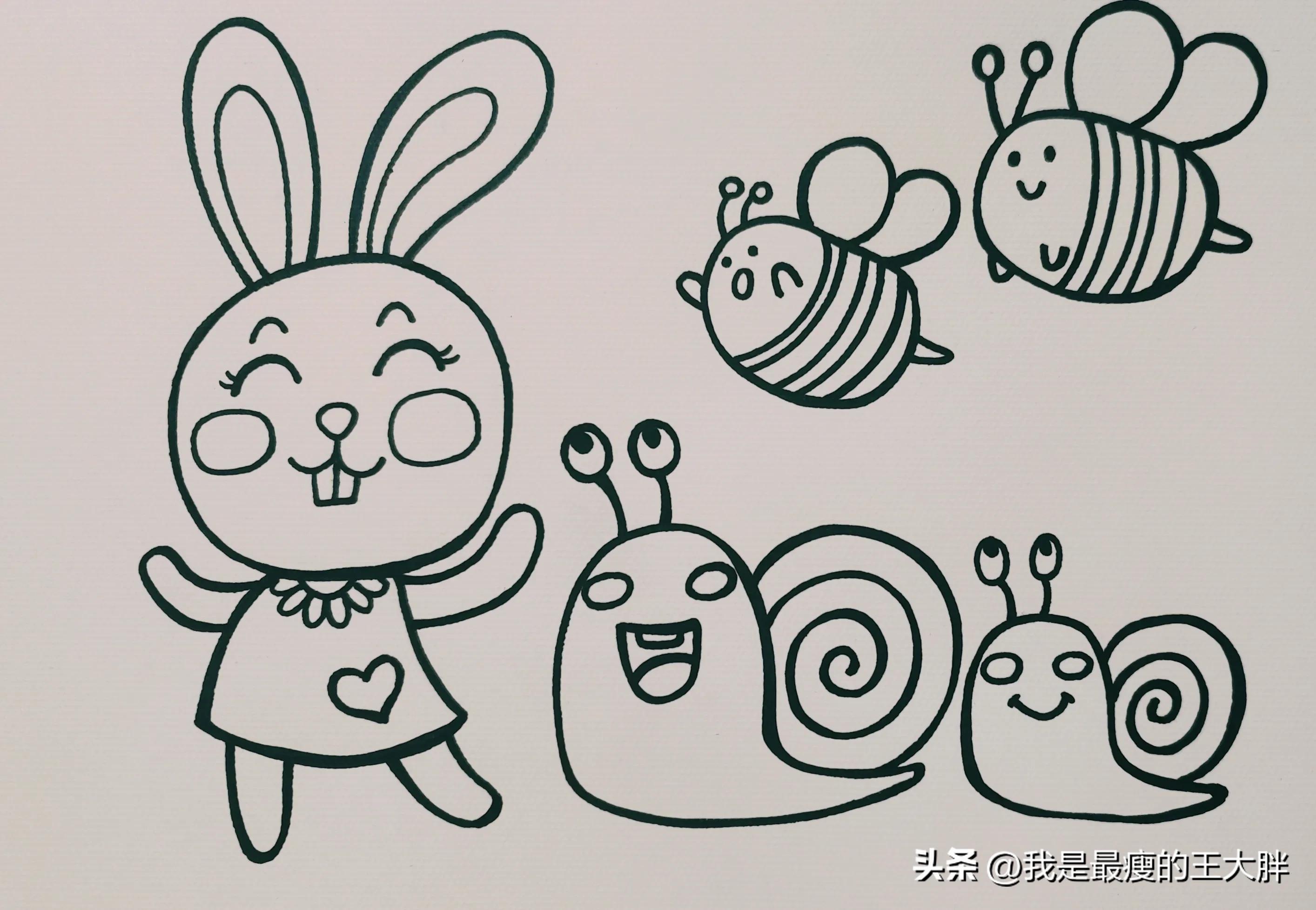 情景简笔画，动物简笔画。春天来了，小兔子和蜗牛去踏青儿童画