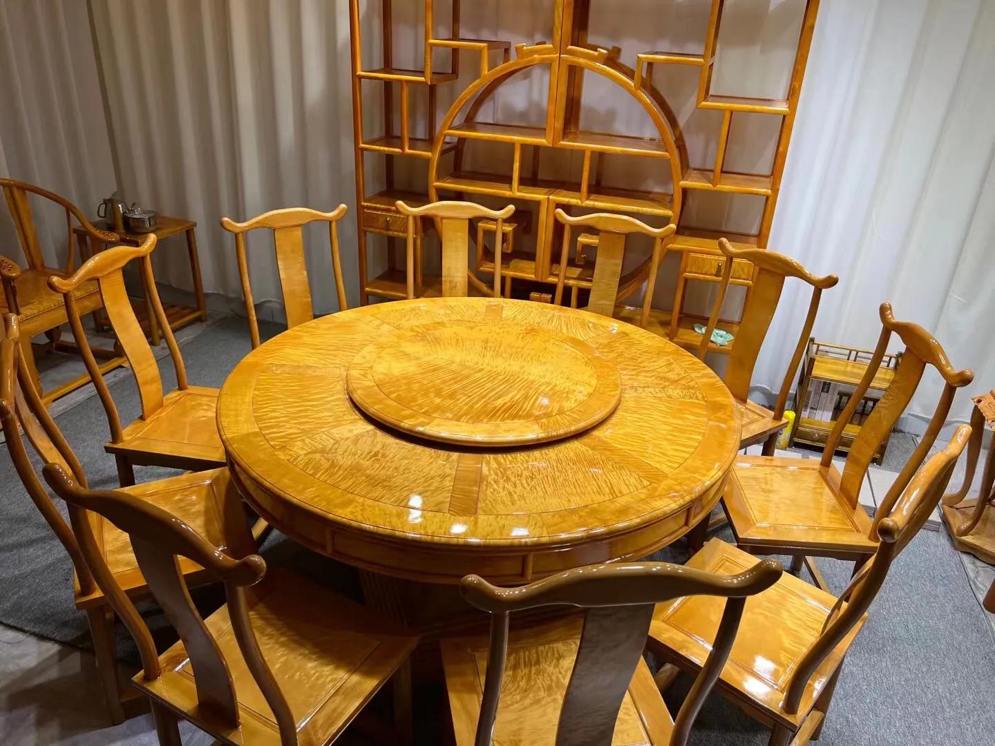 金丝楠木圆形餐桌7件套,金丝楠木圆餐桌水波纹