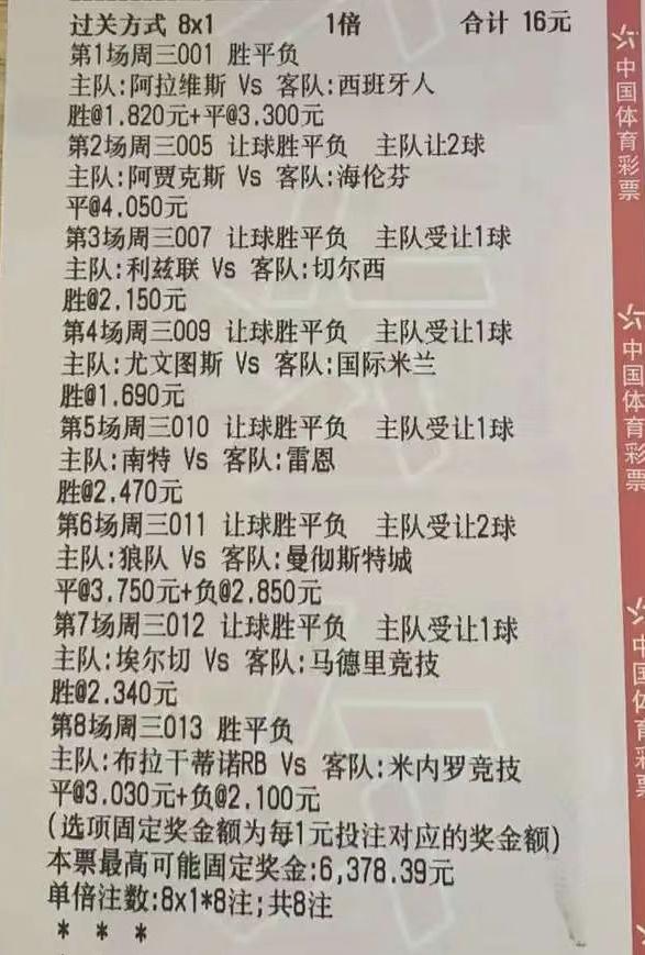 今日竞彩推荐实单8串一,今日八串一实单竞彩推荐