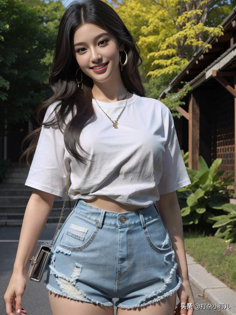 夏日穿搭黑短袖黑短裤,女款t恤穿搭女士牛仔短裤方法