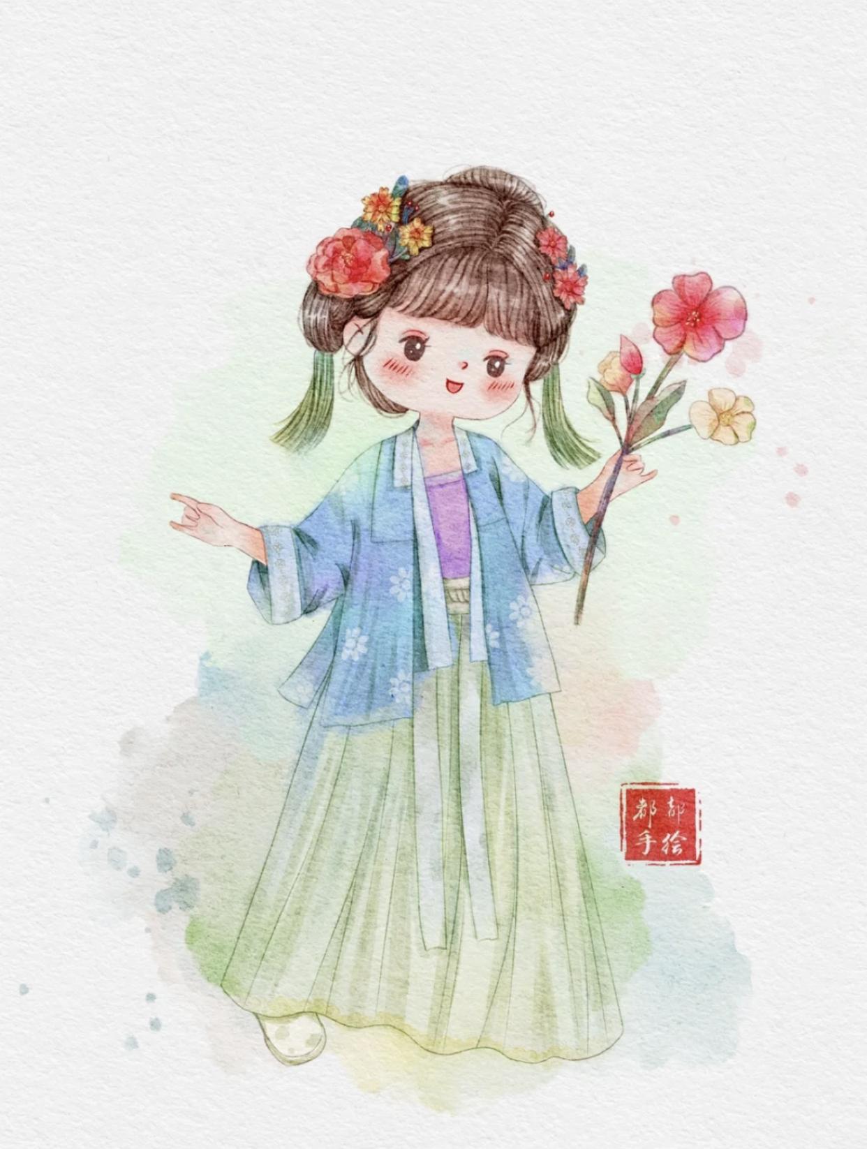 古风俏皮插画,萌萌的古风人物插画