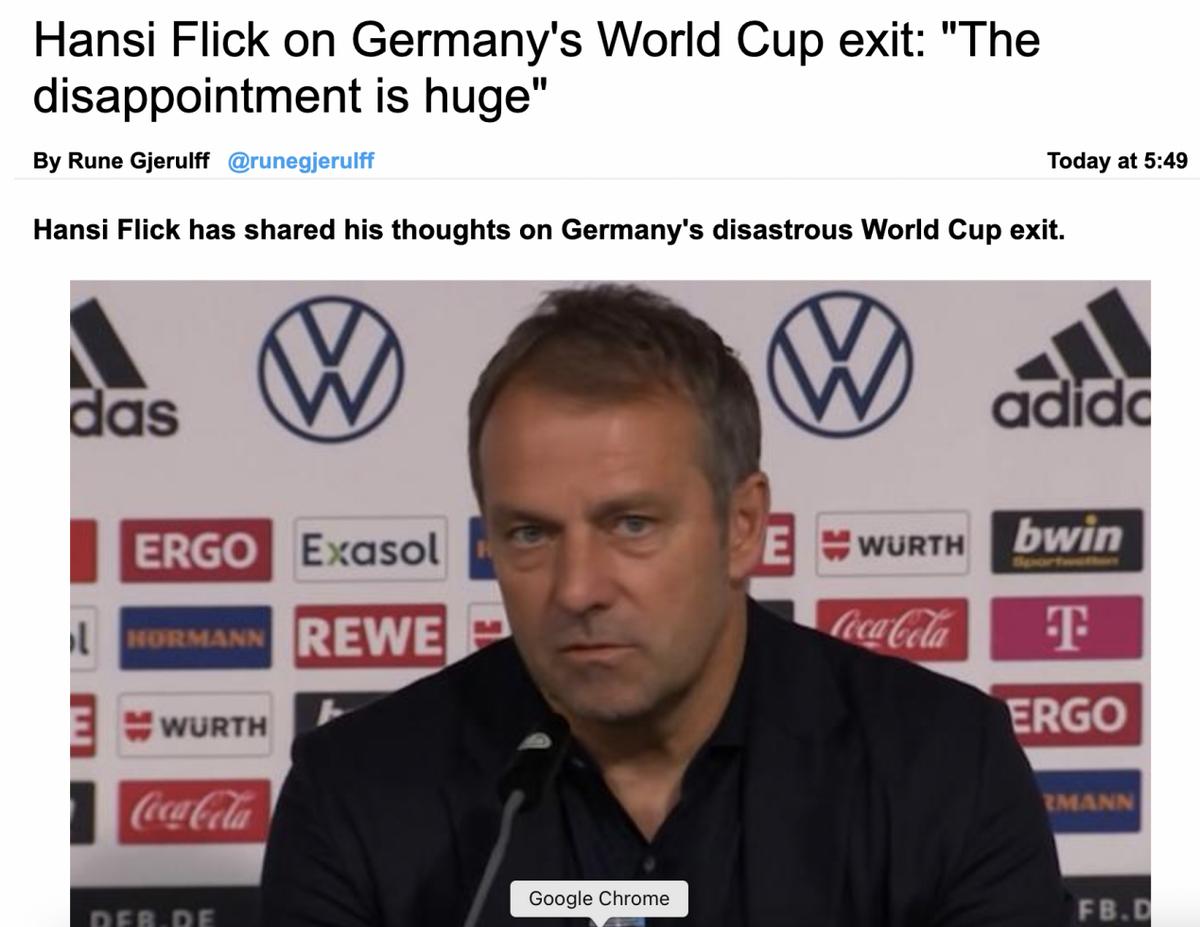 世界杯外电DAY13:德国获胜仍出局，两届折戟小组赛