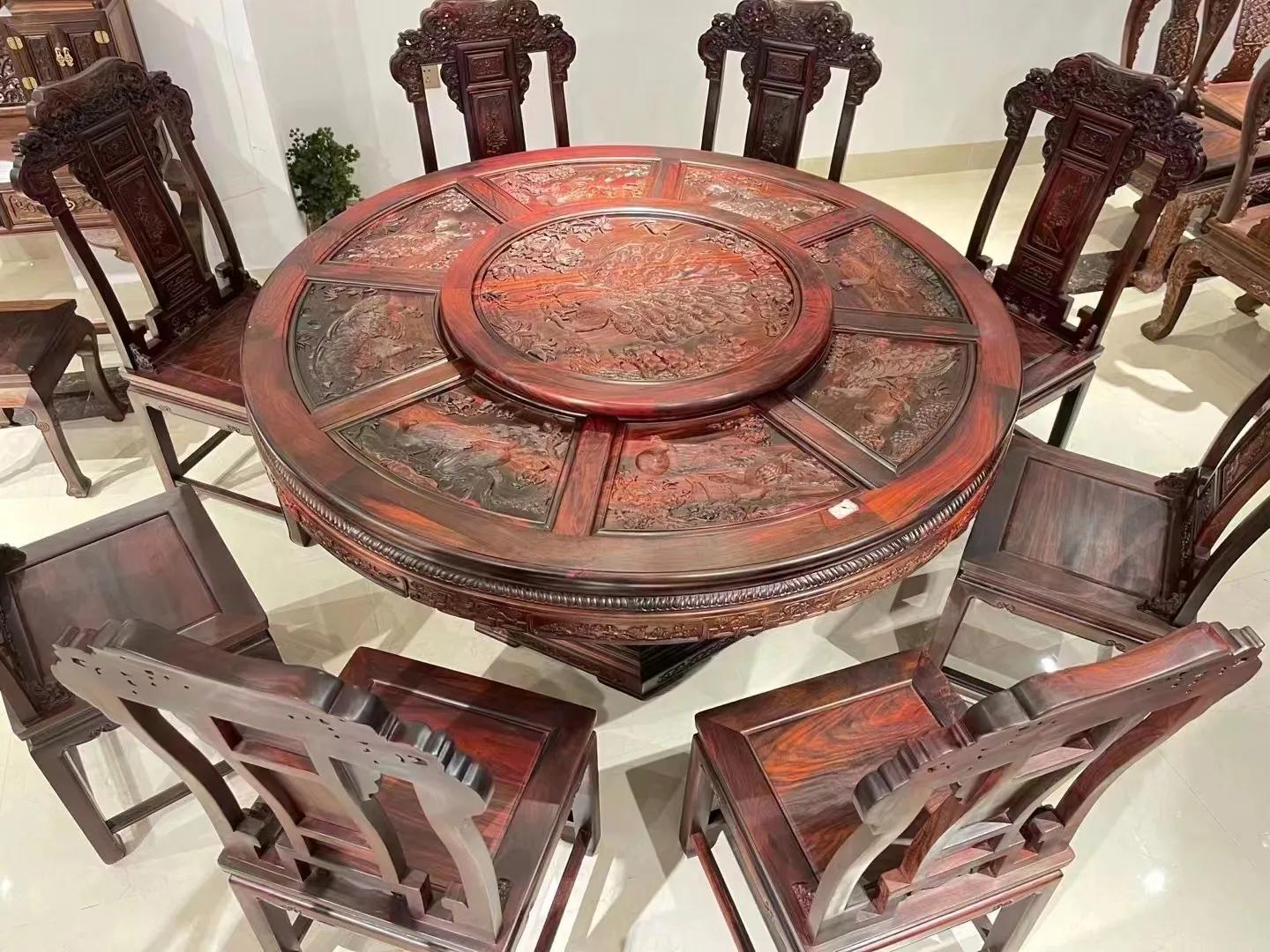 大红酸枝满雕餐桌,大红酸枝开屏餐桌