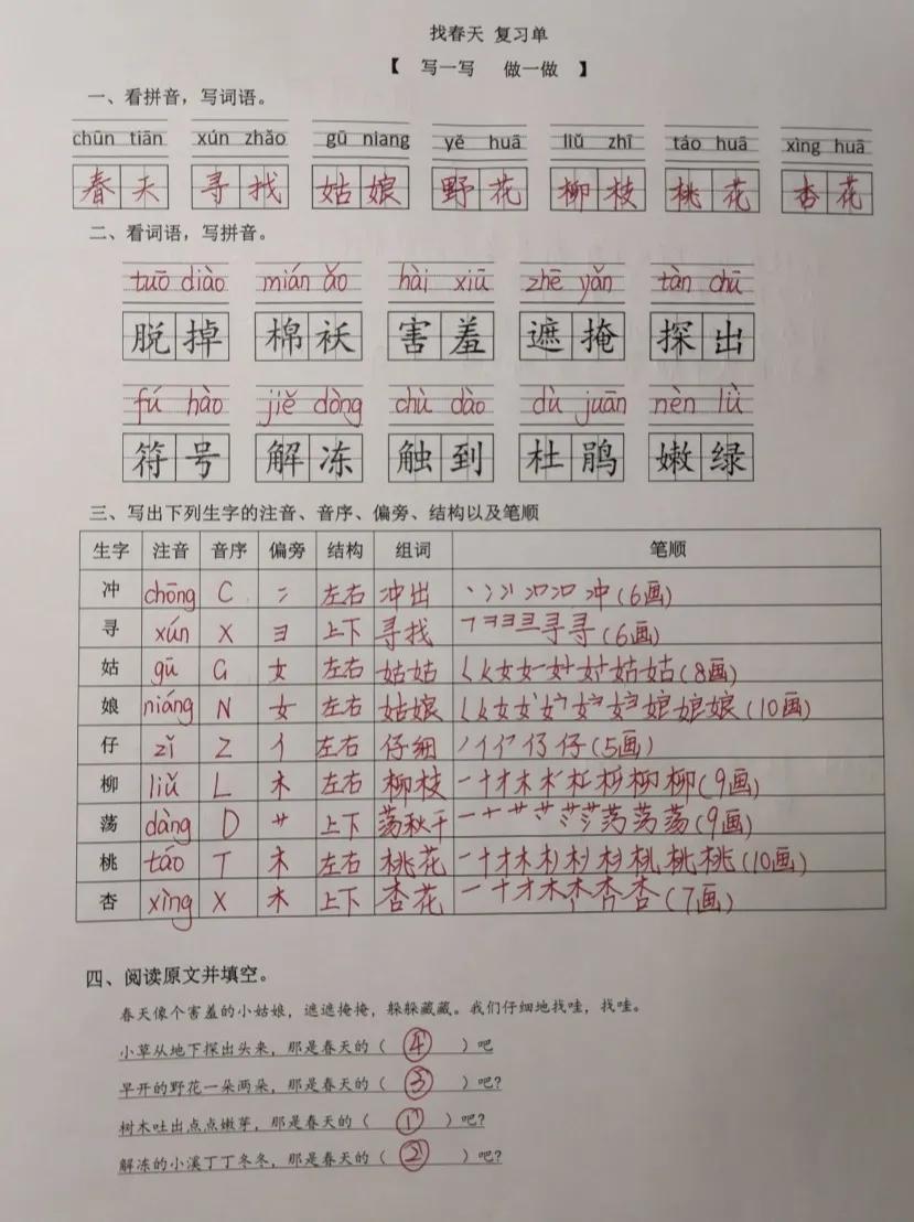 二年级下册语文找春天常考知识点,二年级下册语文复习方法和技巧