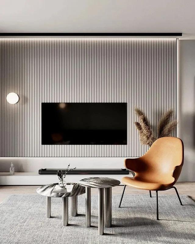 石膏线电视背景墙尺寸3.1米效果图,轻奢风装修2022新款电视背景墙纸