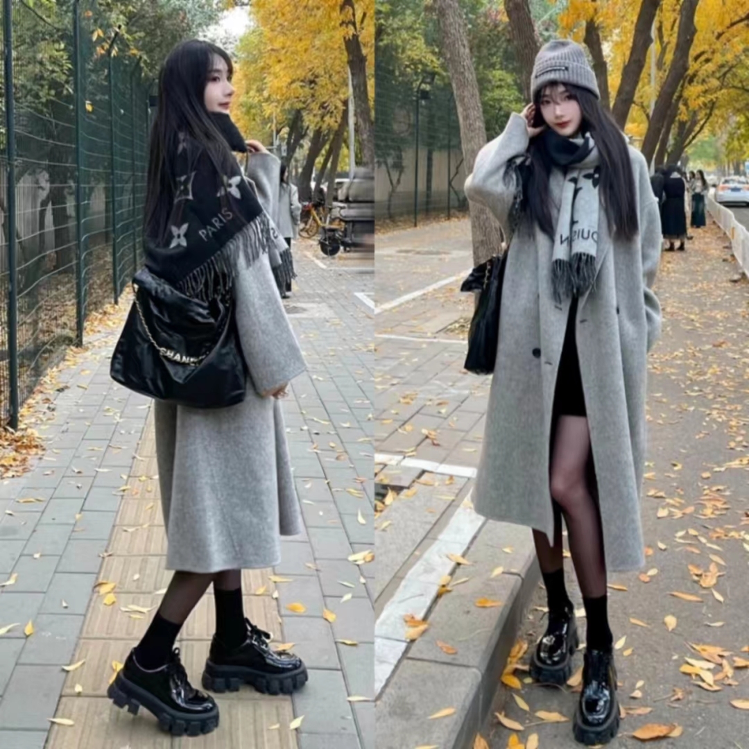 灰色大衣和黑色大衣哪个配jk好看,灰色双面羊绒牛角扣大衣小个子150