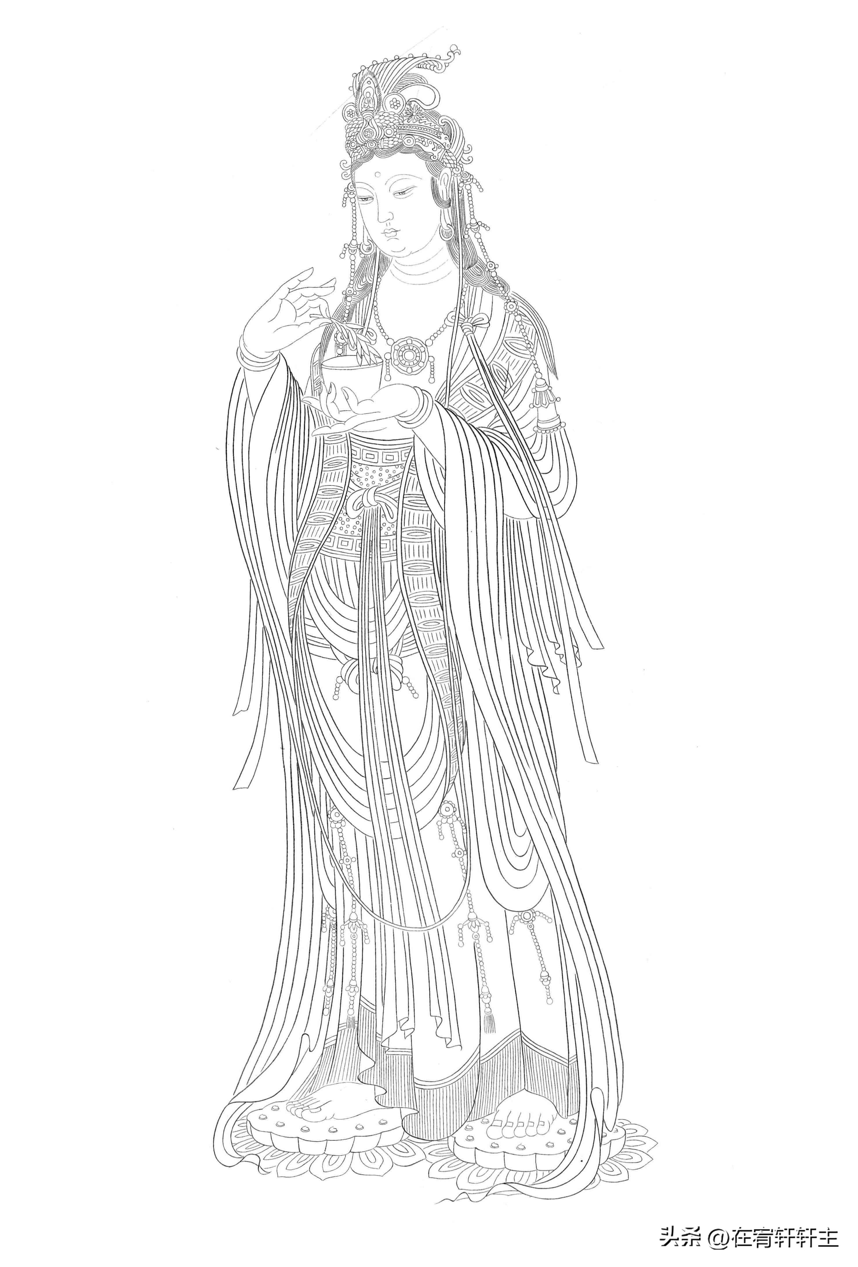 工笔白描观音苏柏斗,工笔画国画白描观音