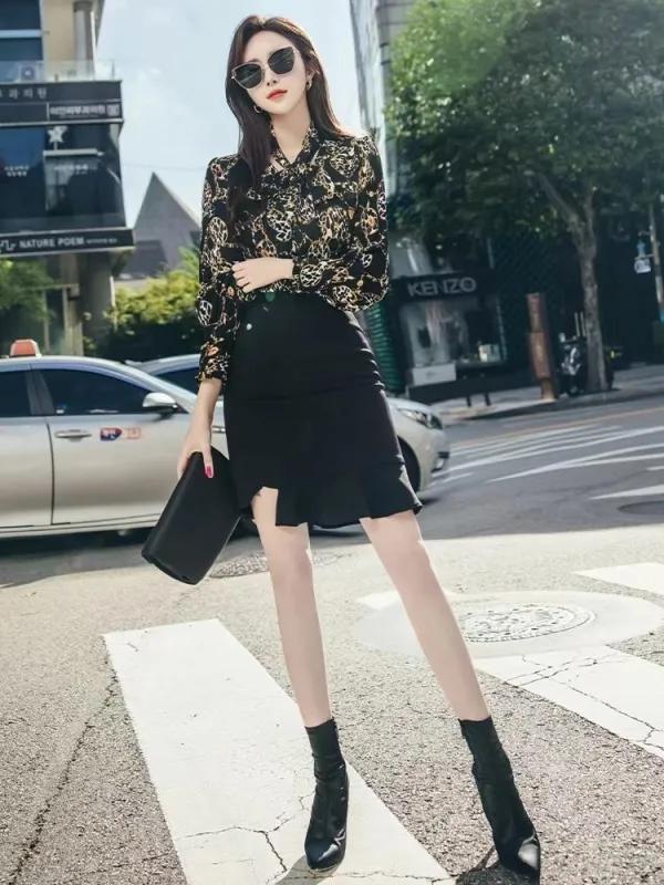 女式豹纹长袖衬衫雪纺时尚上衣,豹纹衬衫长袖雪纺女款2022款时尚