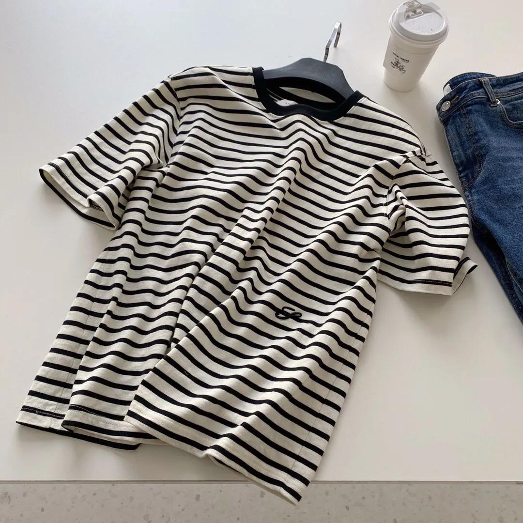 韩系短袖女显瘦,韩国经典百搭方领条纹针织短袖