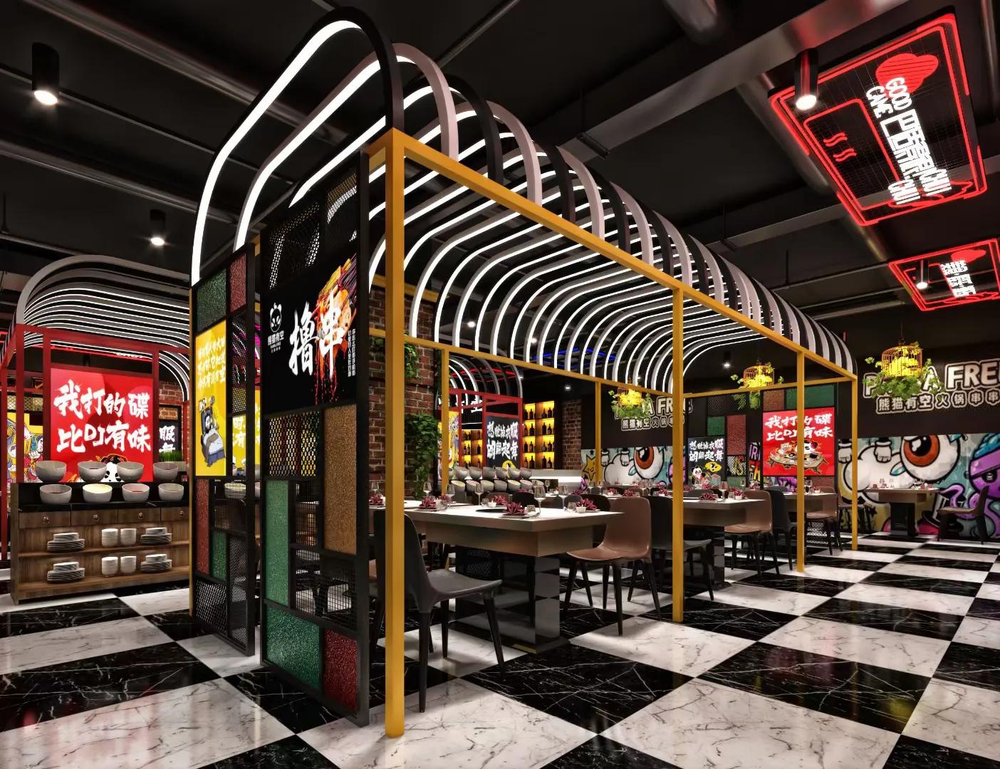 斜屋顶烧烤店设计效果图大全,露天花园火锅店设计效果图