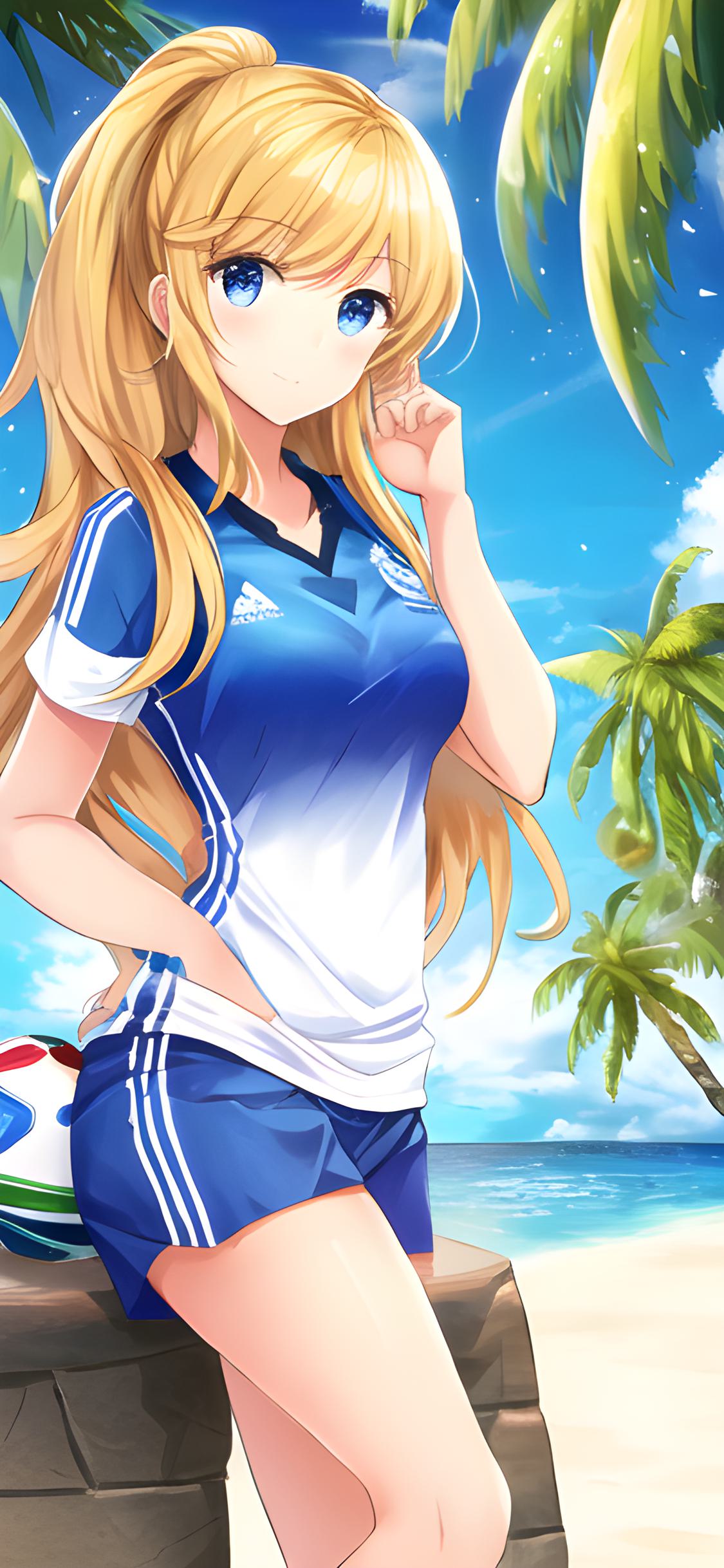 ai绘画夏日沙滩美女壁纸,二次元美少女壁纸足球