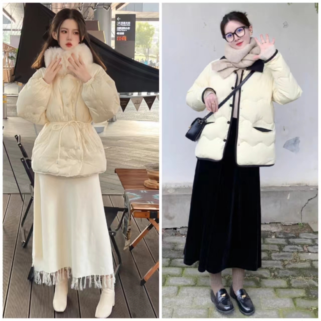 浅蓝色羽绒服怎样搭配黑色半身裙,短款白色羽绒服的最佳搭配半身裙