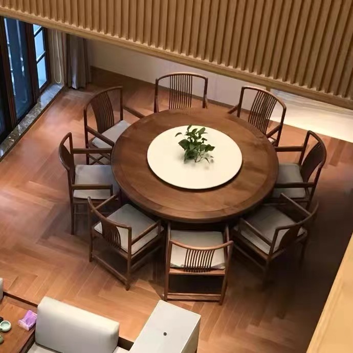 新中式实木餐桌带转盘圆形饭桌,新中式圆形餐桌