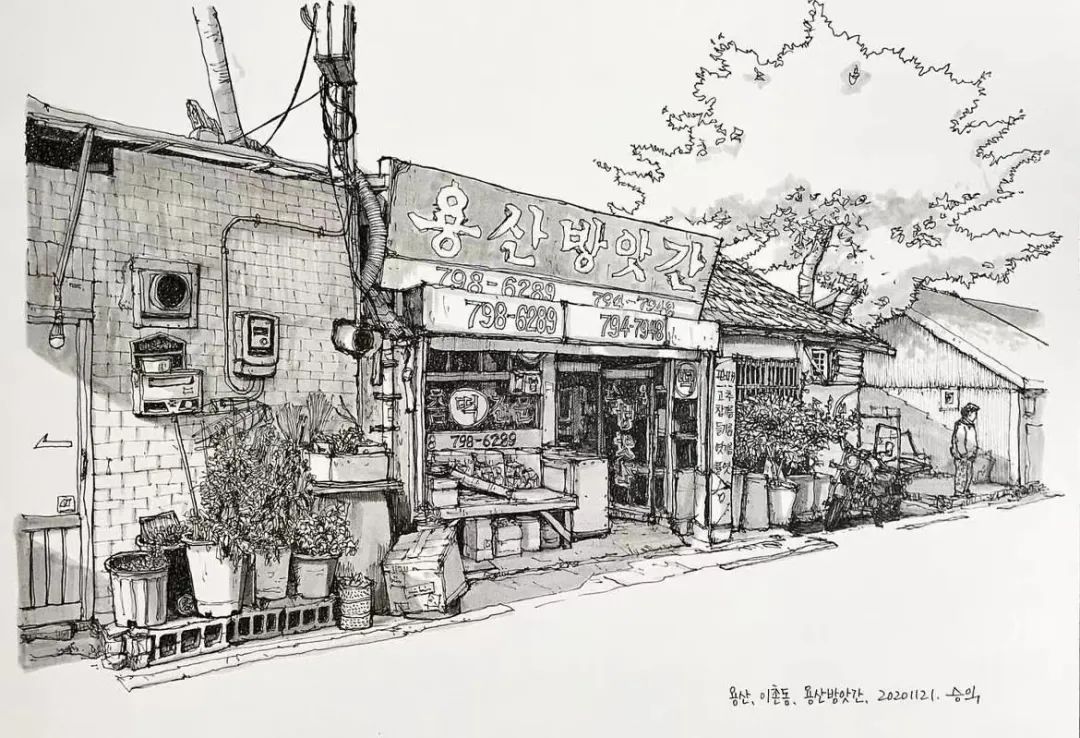 日本画家创作的铅笔街景速写,韩国速写大师