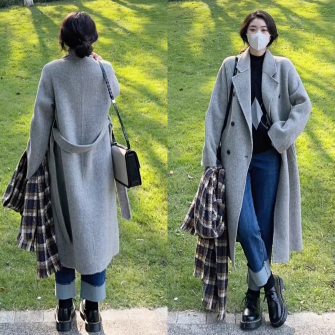 灰色大衣和黑色大衣哪个配jk好看,灰色双面羊绒牛角扣大衣小个子150