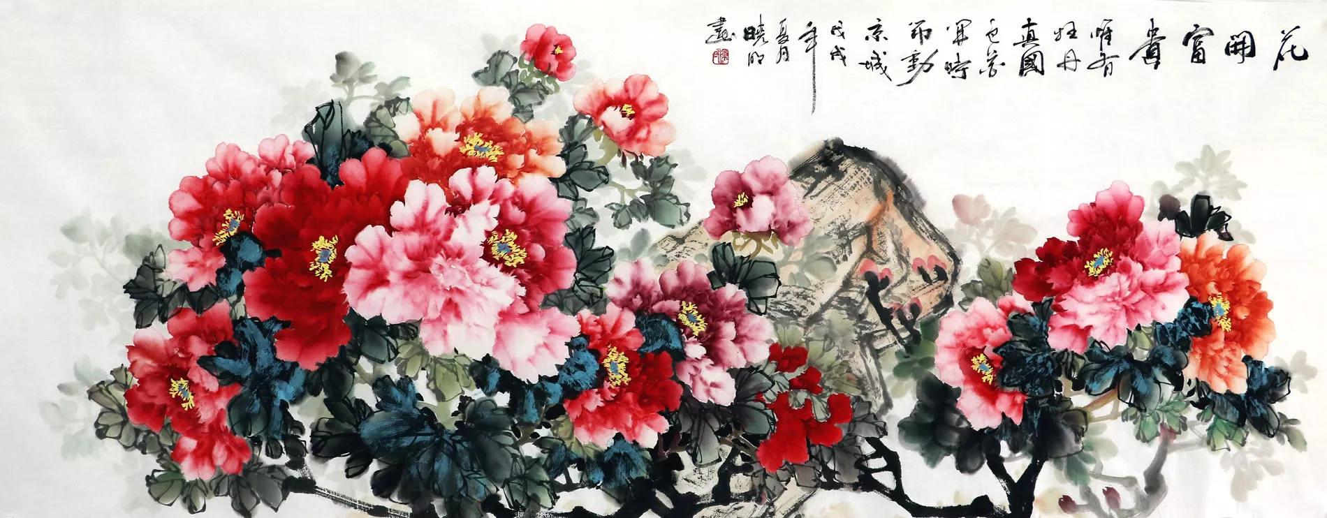 名家写意孔雀牡丹横幅画图片大全,国画写意牡丹画作品名家