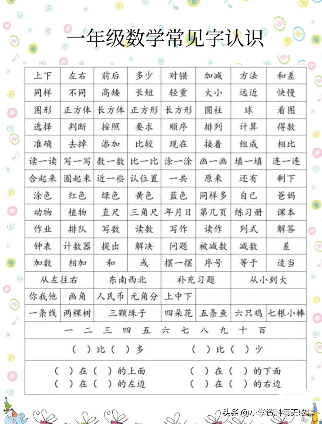 一年级数学常见字认识表图片,一年级数学常见字认识教学