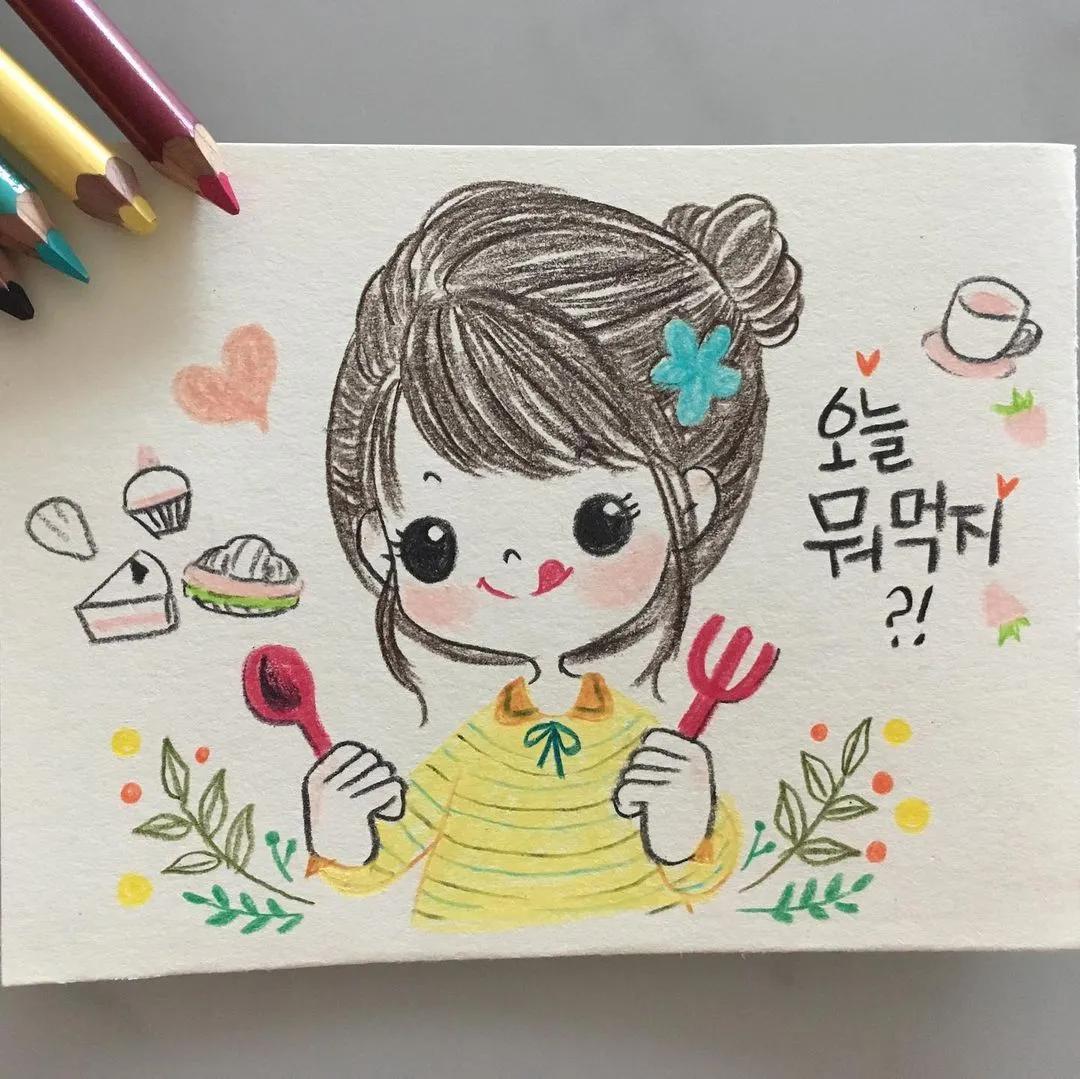 彩铅绘画7-15岁简笔画可爱又简单,可爱彩铅简笔画简单的少女