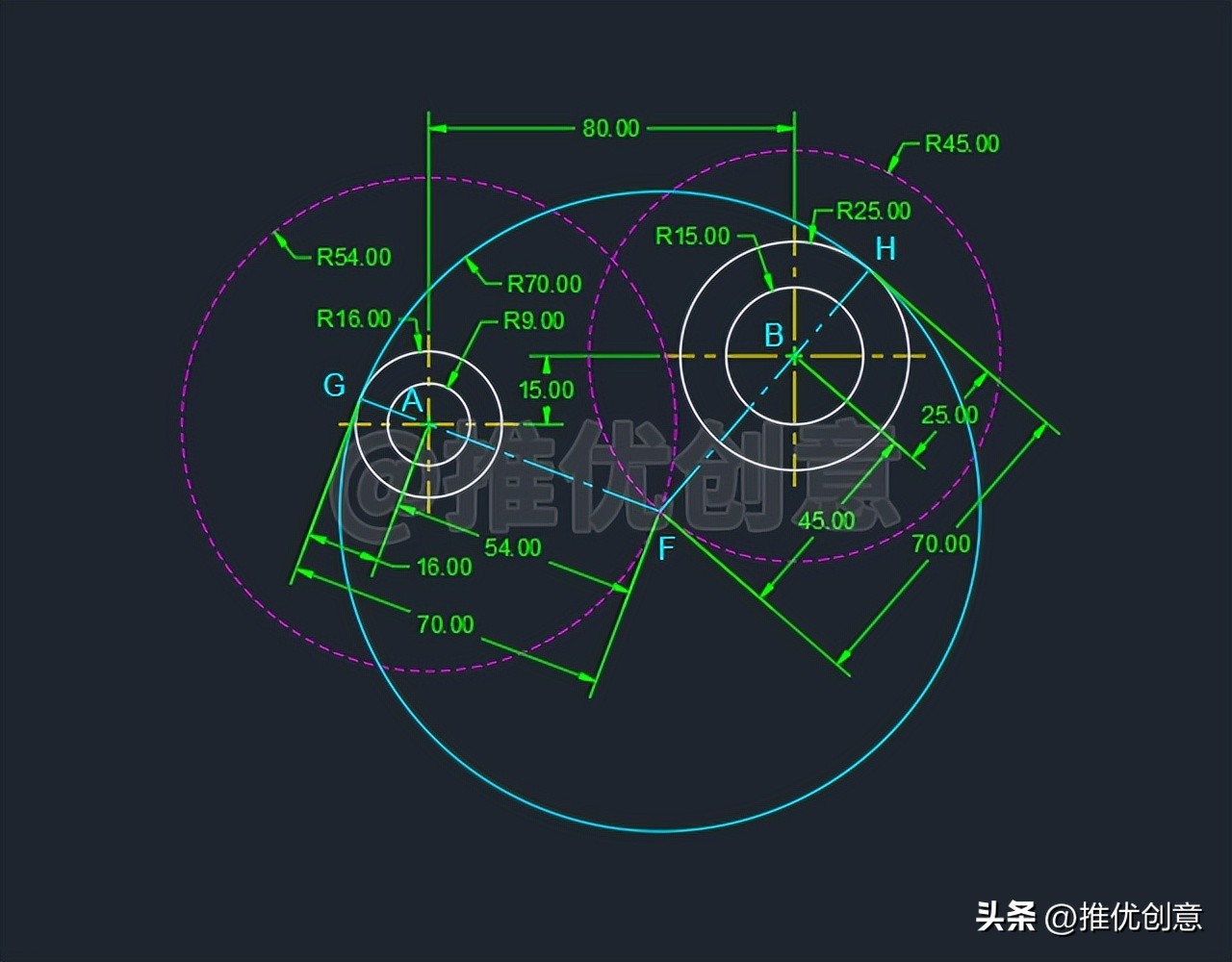 autocad内切和外切圆画法,内切相减外切相加