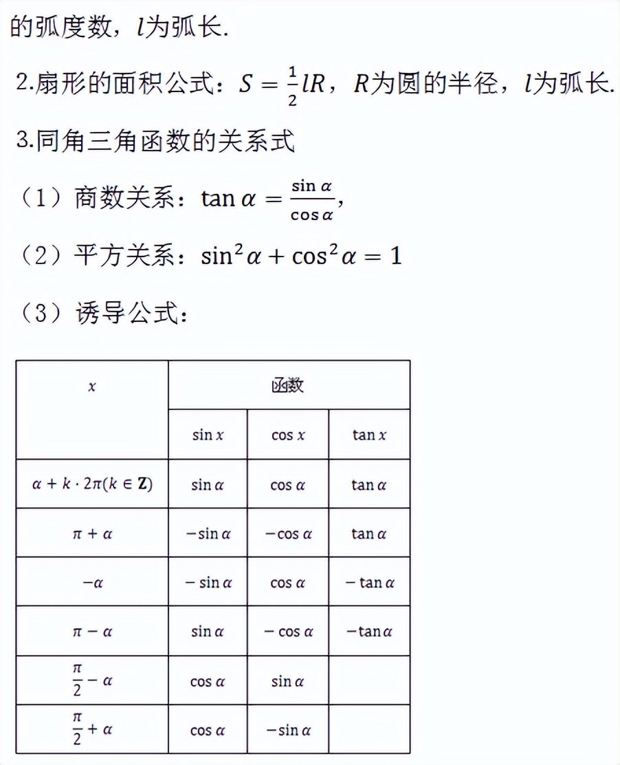 高中数学需要用到的初中数学公式,高中数学必修一三角函数数学公式
