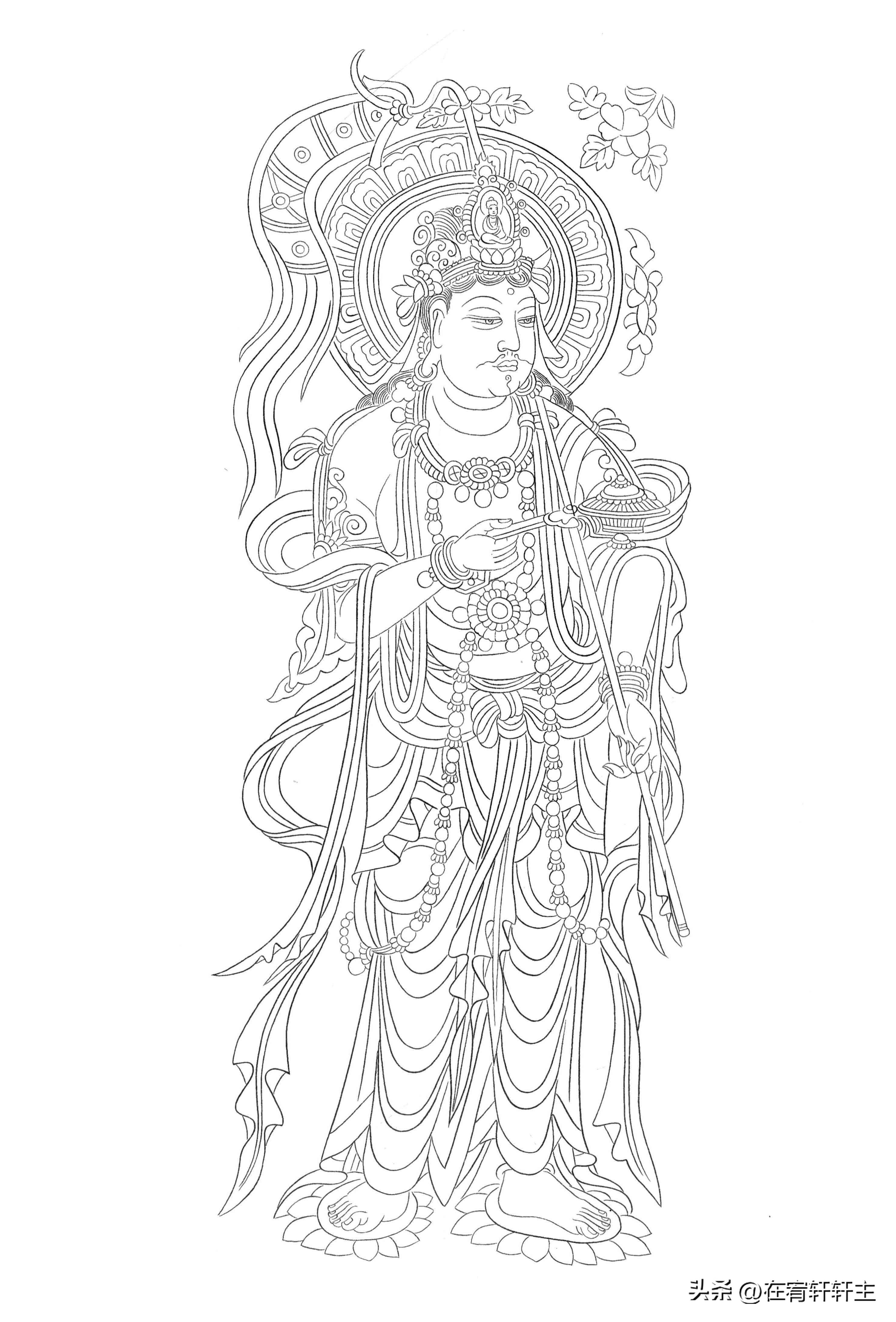 工笔白描观音苏柏斗,工笔画国画白描观音