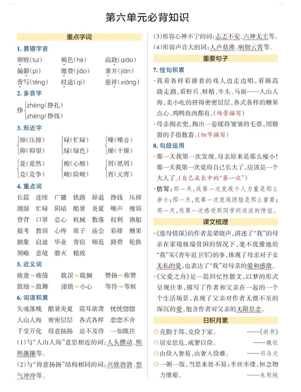 五年级上册语文1-8单元知识点归纳,五年级语文下册1-8单元必背知识点