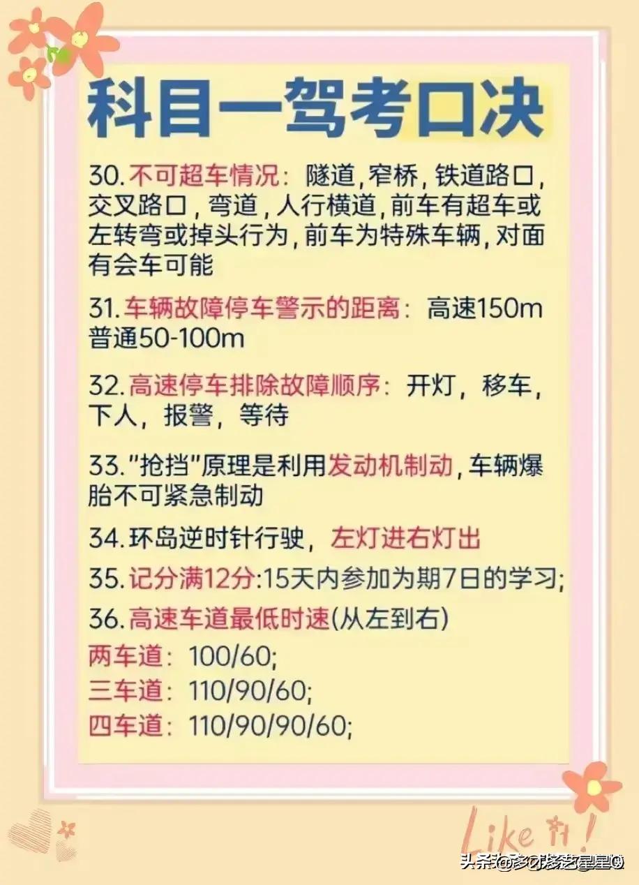 科目一驾考口诀，一次性整理清楚，涨知识了，收藏起来看看