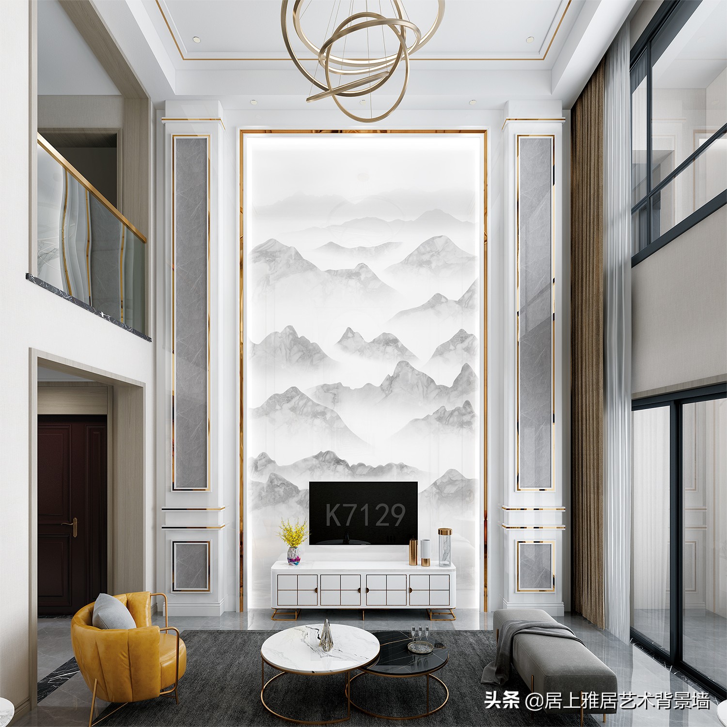 复式挑高沙发背景墙装饰画,自建房复式楼电视背景墙效果图