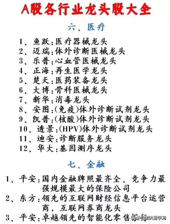2019年各细分行业龙头股一览表,2023年各行业龙头股清单