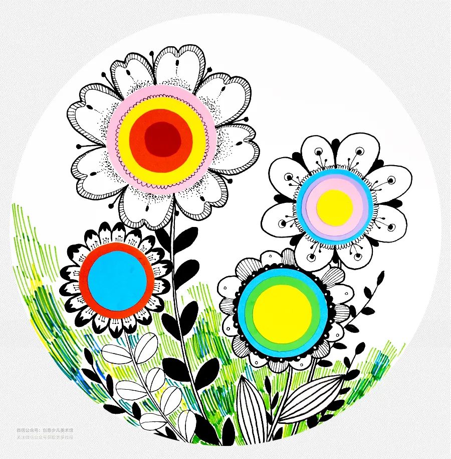 春季儿童画简单又漂亮,花儿朵朵线描儿童画