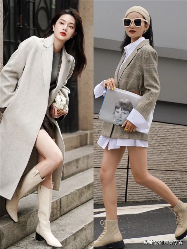 米白色马丁靴秋季穿搭,秋季米白色长筒靴穿搭