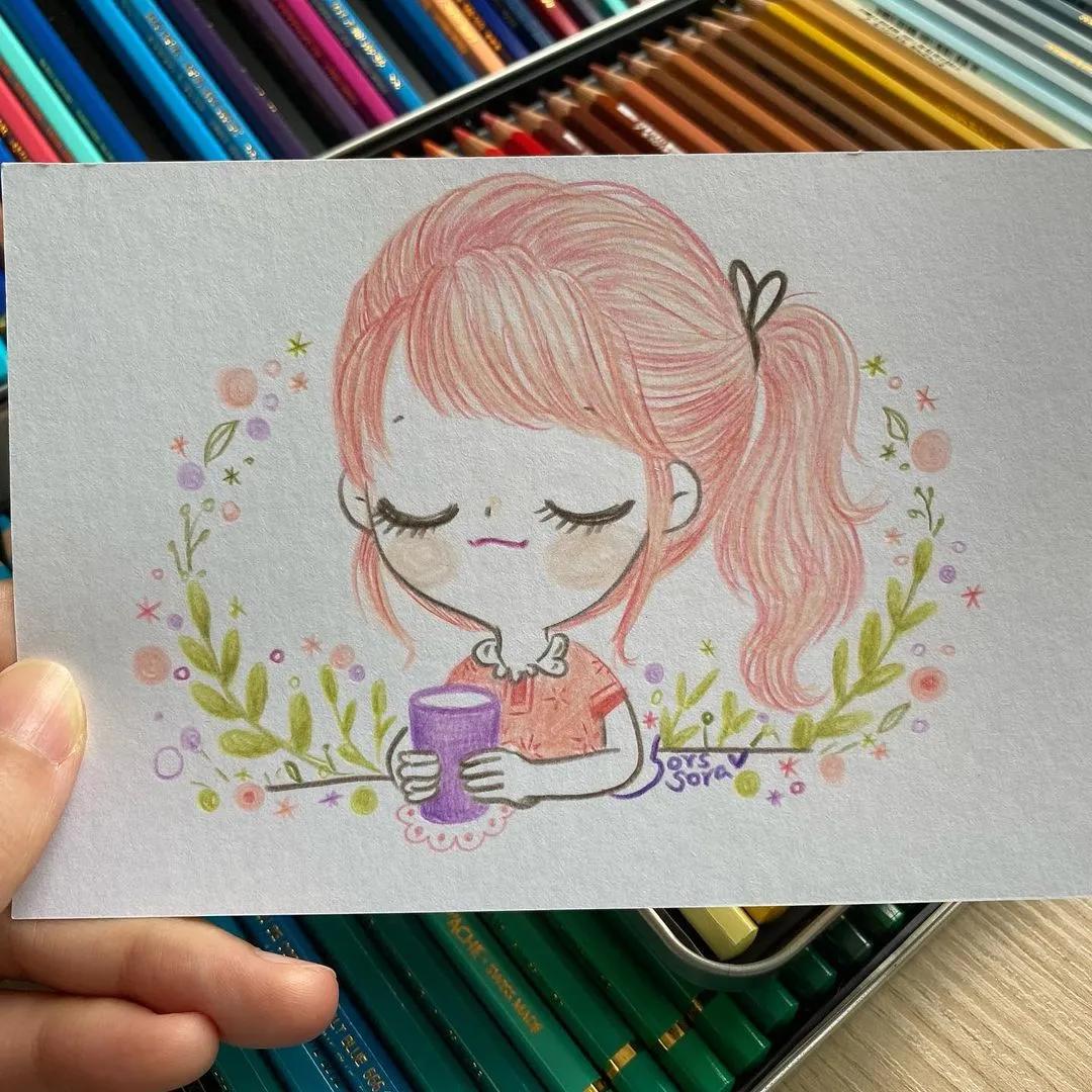 彩铅绘画7-15岁简笔画可爱又简单,可爱彩铅简笔画简单的少女