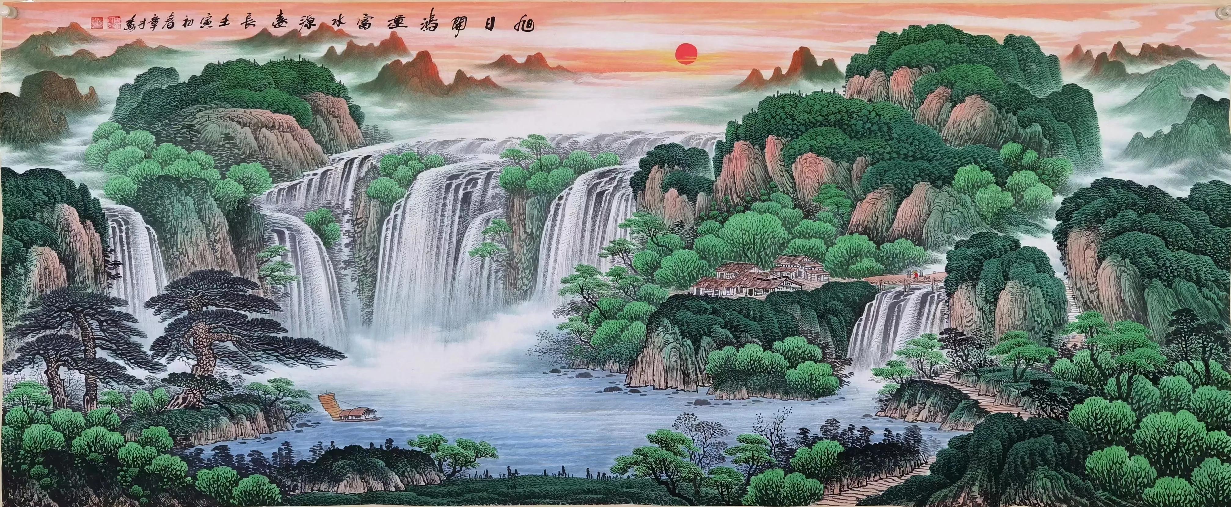 周章才聚宝盆山水画,三幅沙发背景聚宝盆山水画