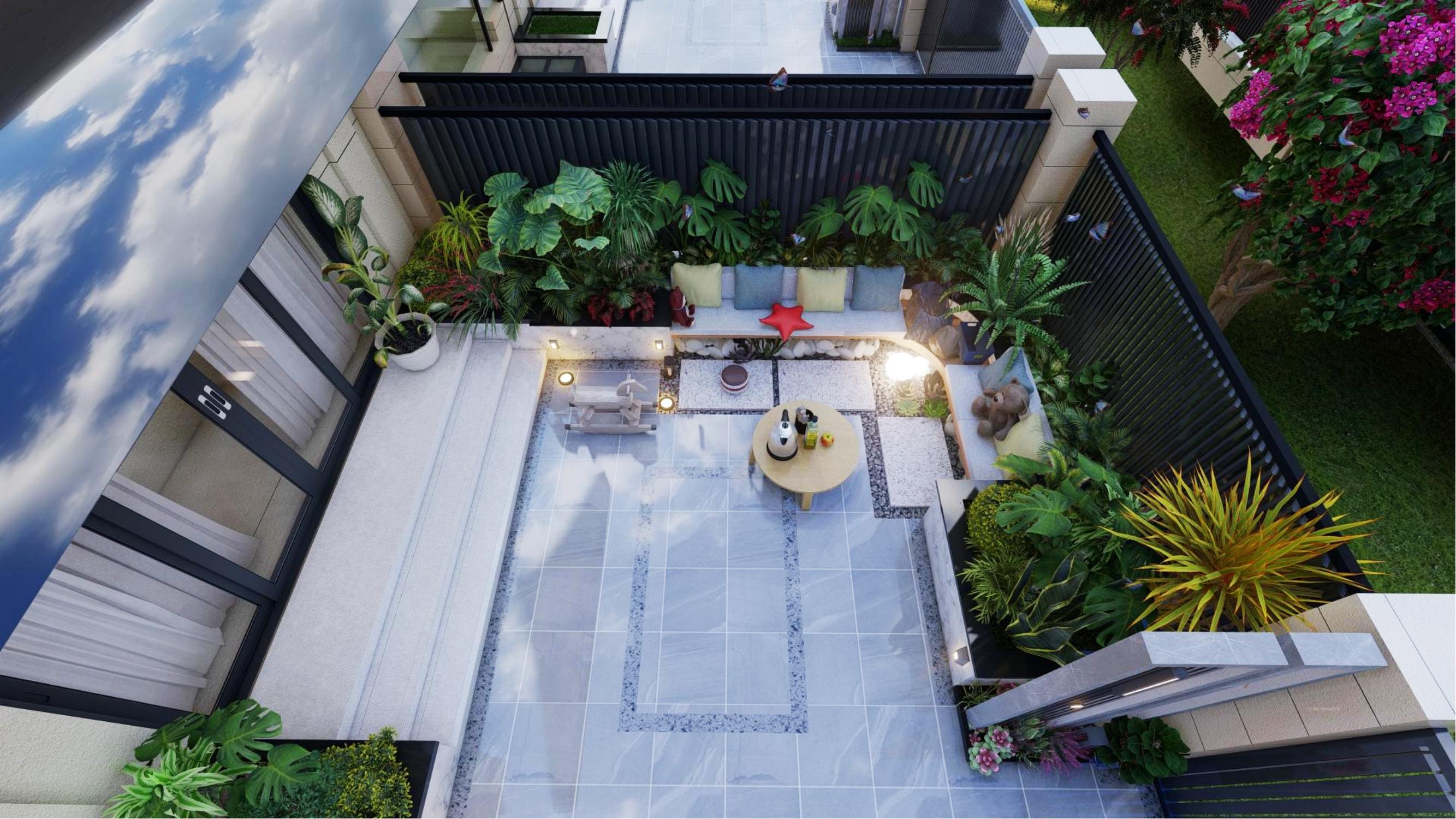 一层简易超现代带车库的小院设计,有车位小庭院别墅设计