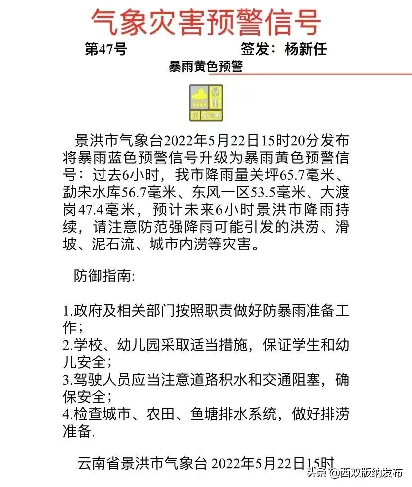 提醒云南省发布暴雨黄色预警,云南景洪气象台预警今天