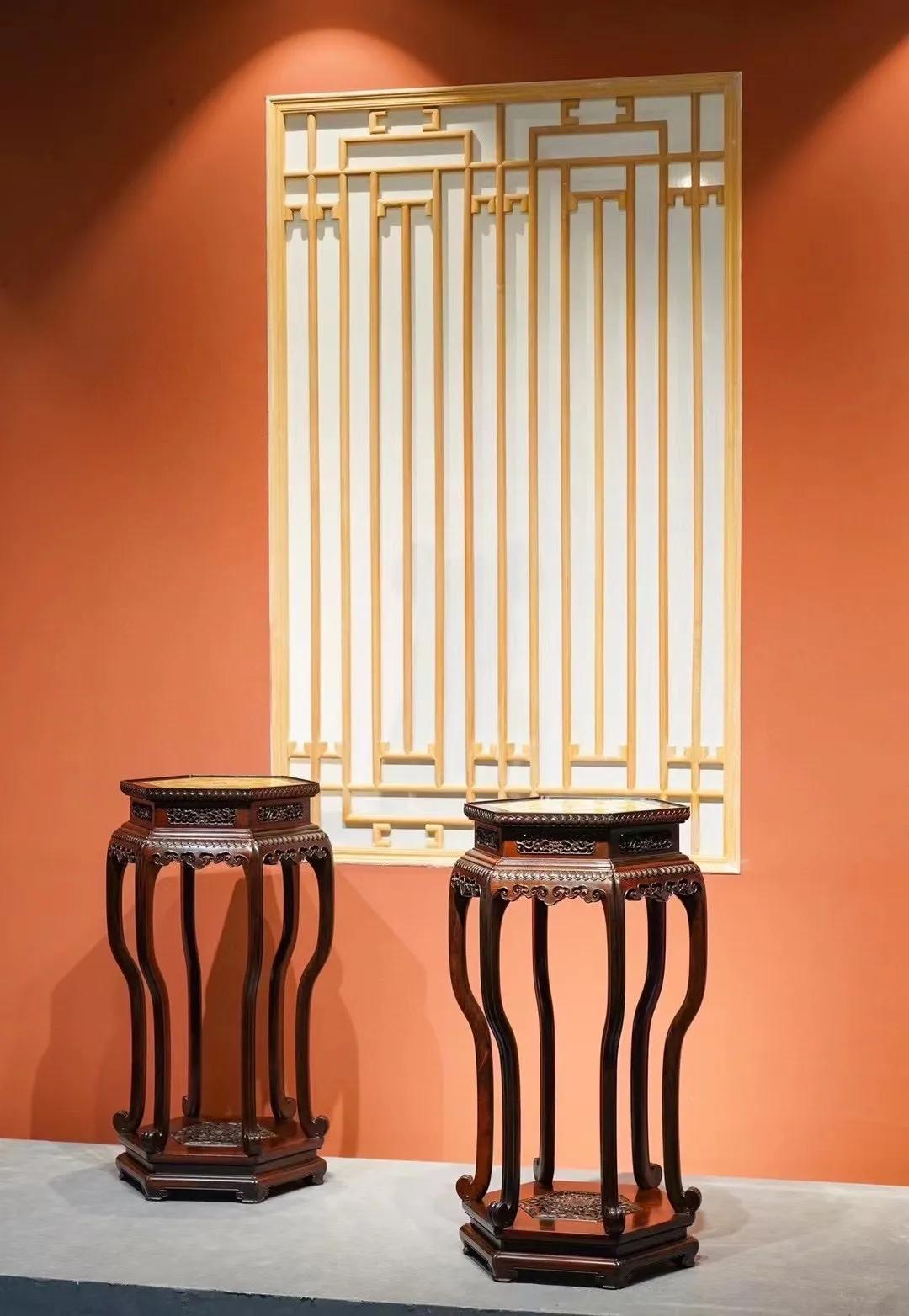 宫廷风｜镶珐琅六边几｜大红酸枝规格：46*46*90cm