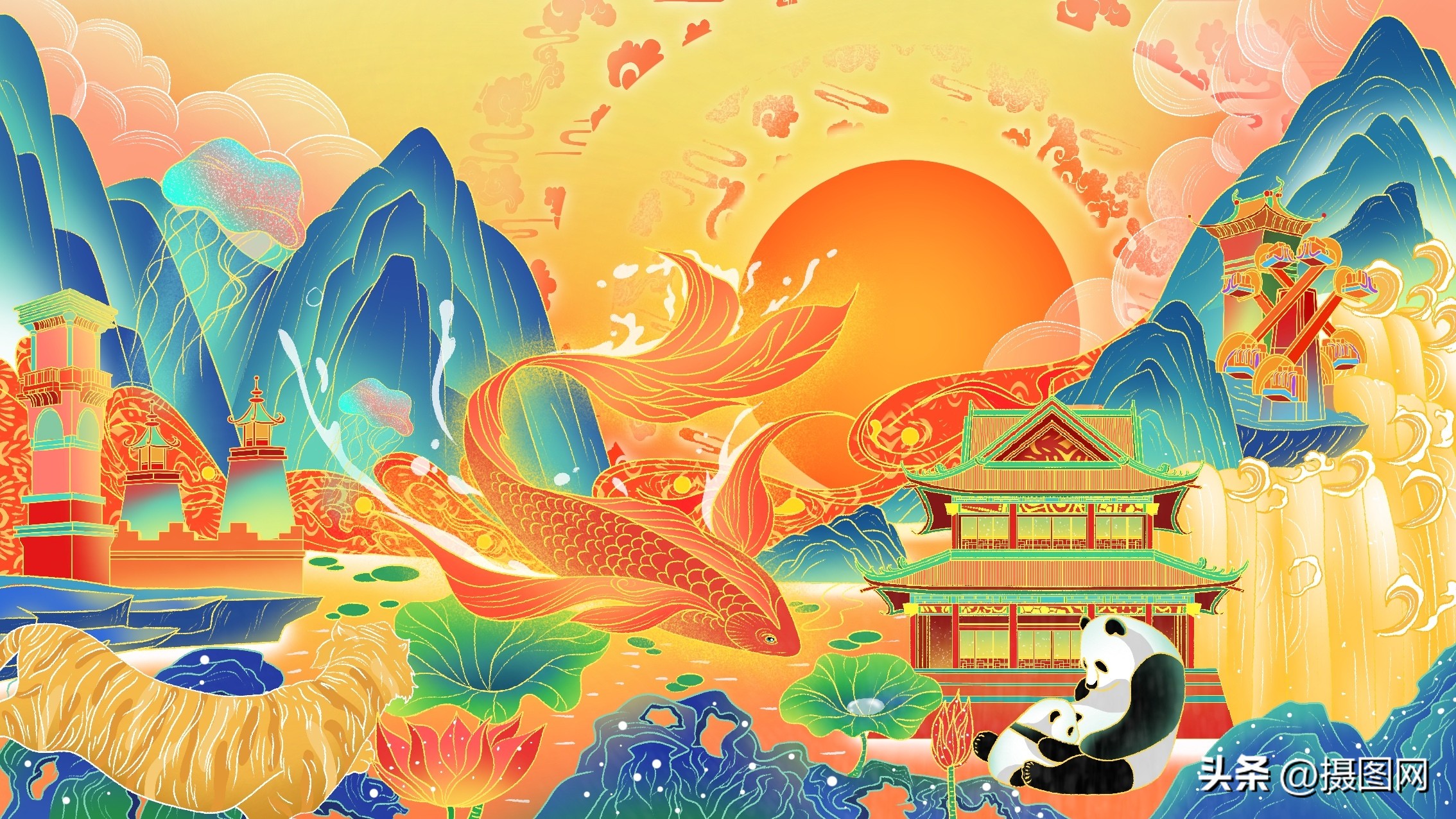 治愈系城市风景插画,扁平风插画风景城市