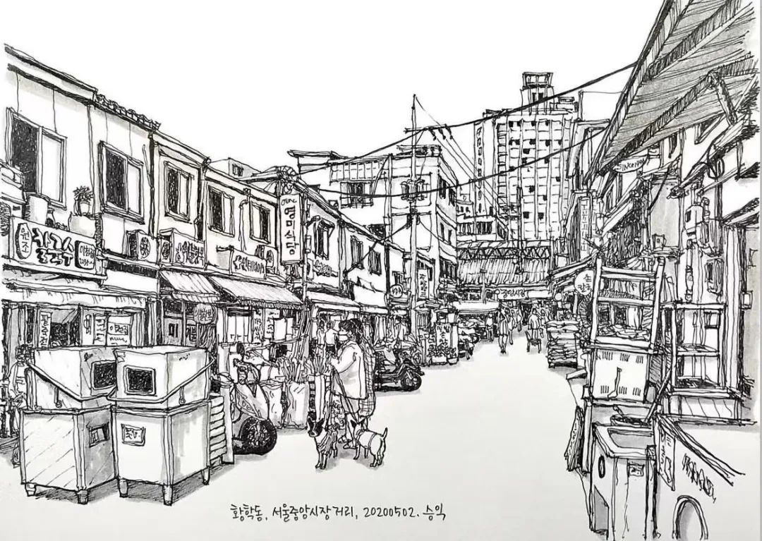 日本画家创作的铅笔街景速写,韩国速写大师