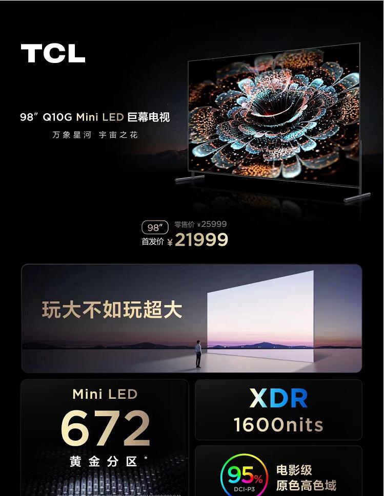 tcl98q10g电视发布首发价21999元,tcl电视q10gpro65寸多少钱