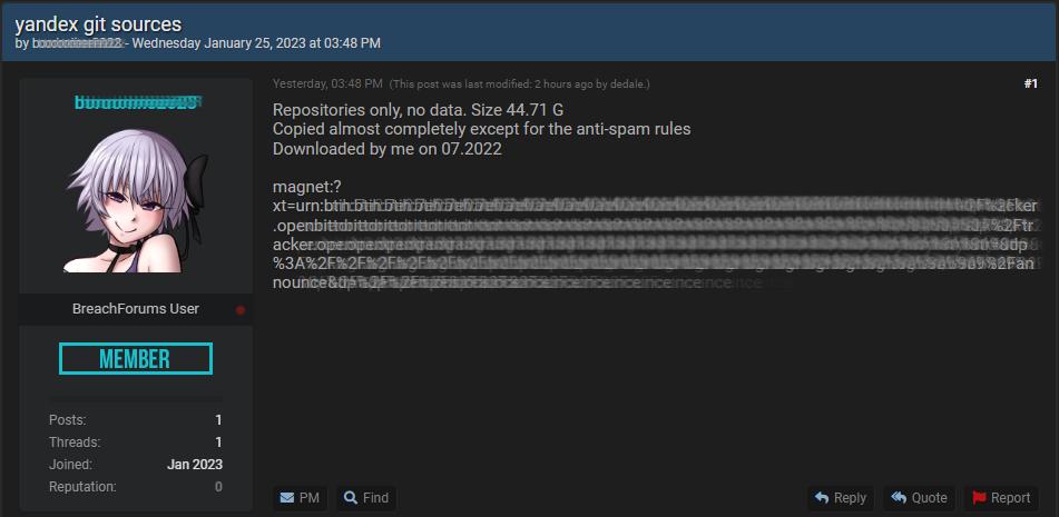 俄罗斯最大IT公司Yandex源代码被泄露，涵盖几乎所有旗下产品