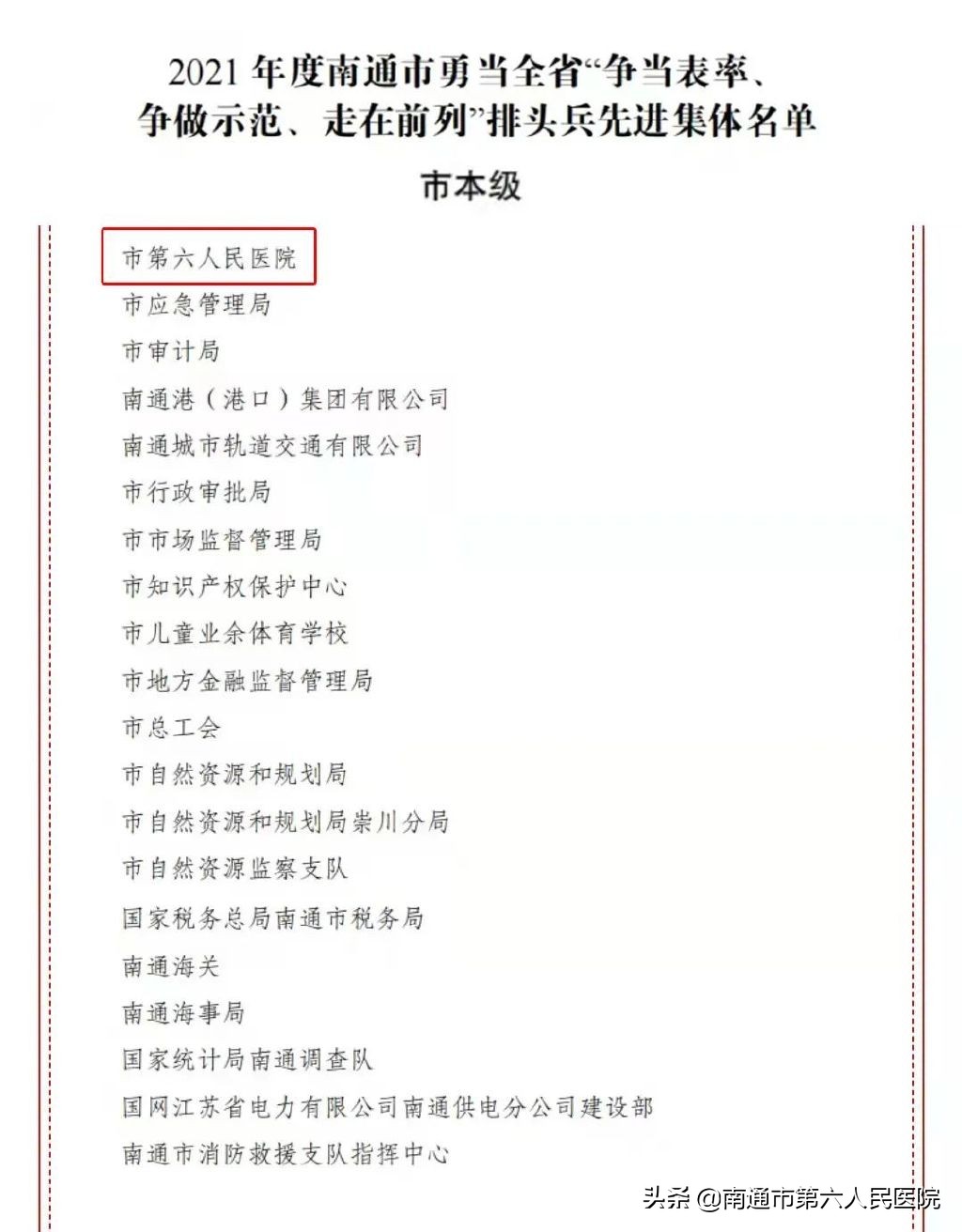 南通六院获勇当全省争当表率、争做示范、走在前列排头兵先进集体